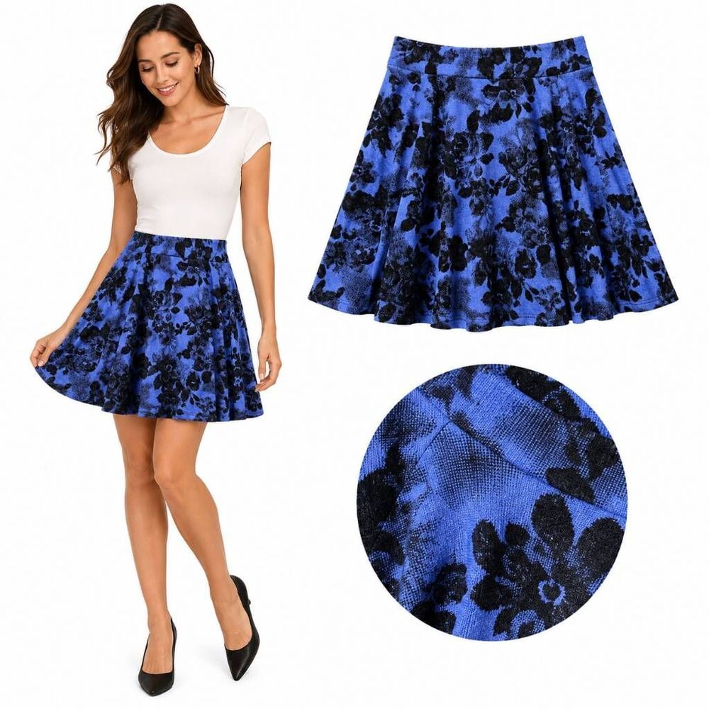 Rue21 Blue Black Velvet Floral Skater Skirt XS